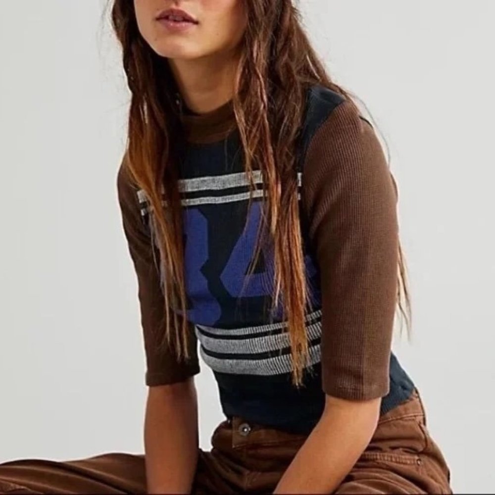 Free People Brown and Black Short Sleeve Layered-Look Tee with Blue Graphic